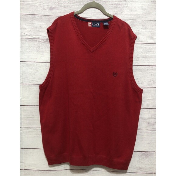 Chaps Ralph Lauren Men’s V-Neck Sweater Vest Sleeveless Logo 100% Cotton Red XL - Picture 1 of 9